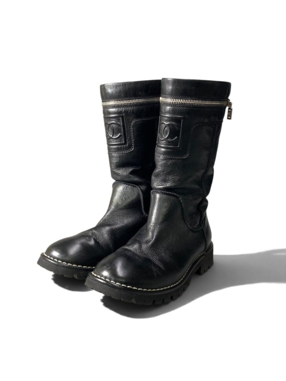 Chanel Engineer Boots CC Logo Black Leather